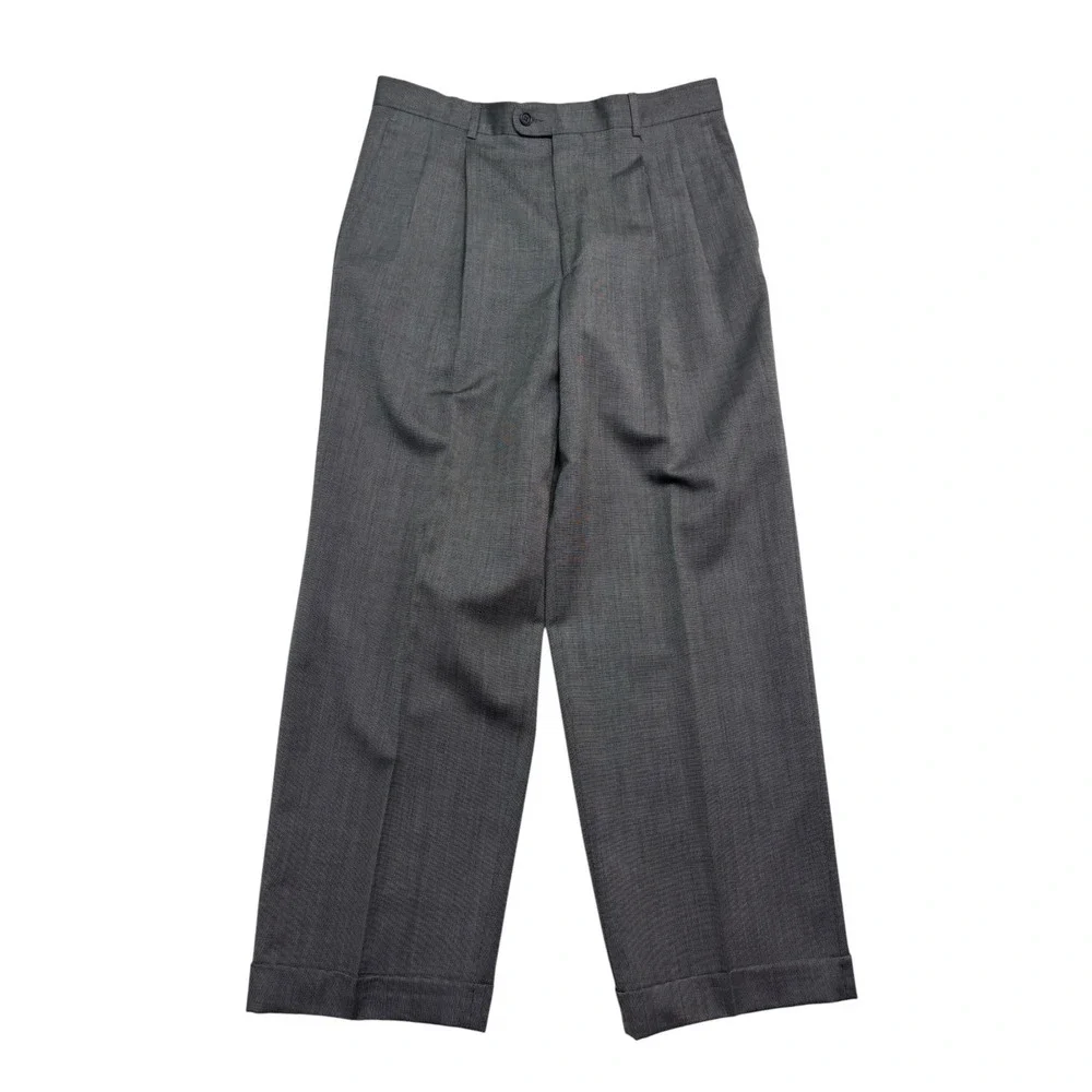 vtg Zanieri Italy 40R 34x29 Gray Micro Check 2pc Pant Suit Pleated High Waisted